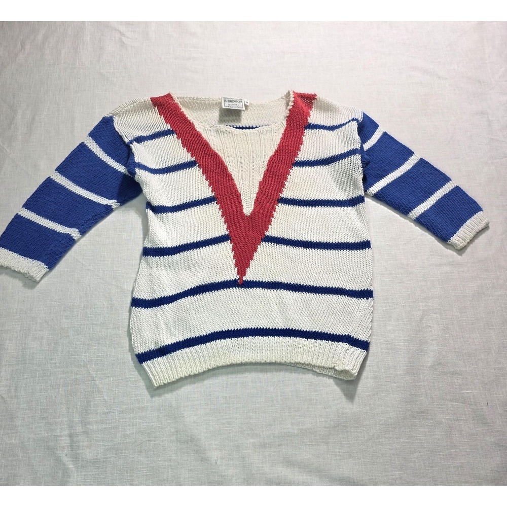 Vtg 80s B. Bronson Sweater Womens‎ Medium Striped Preppy Coastal Blue White Red